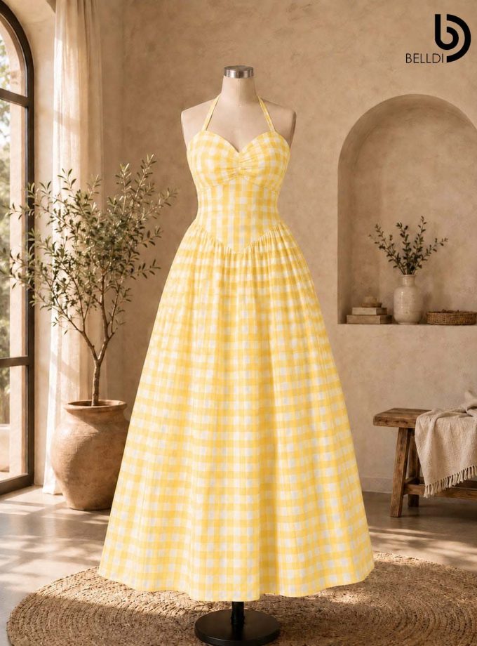 CHECKERED HALTER MAXI DRESS
