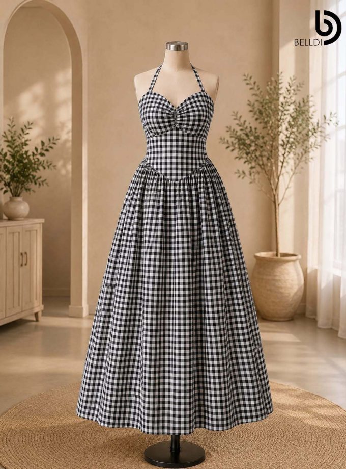 CHECKERED HALTER MAXI DRESS