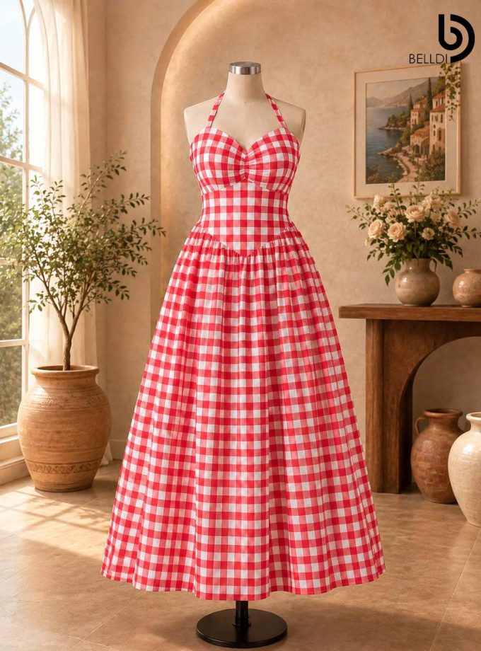 CHECKERED HALTER MAXI DRESS