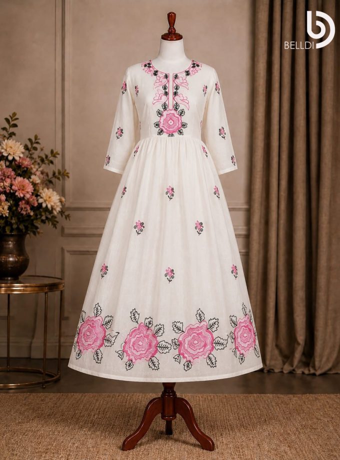 WHITE FLORAL EMBROIDERED INDIAN FROCK