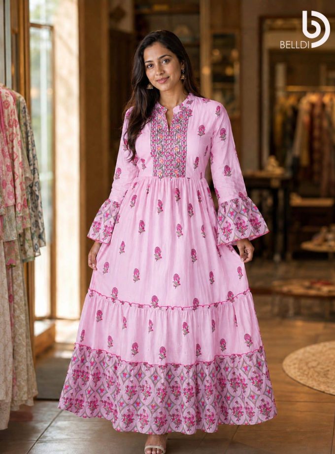 PINK FLORAL TIERED INDIAN FROCK