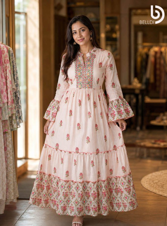LIGHT PINK FLORAL TIERED INDIAN FROCK