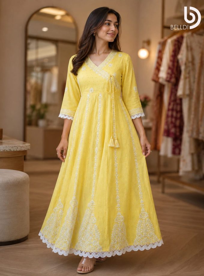 YELLOW EMBROIDERED WRAP INDIAN FROCK