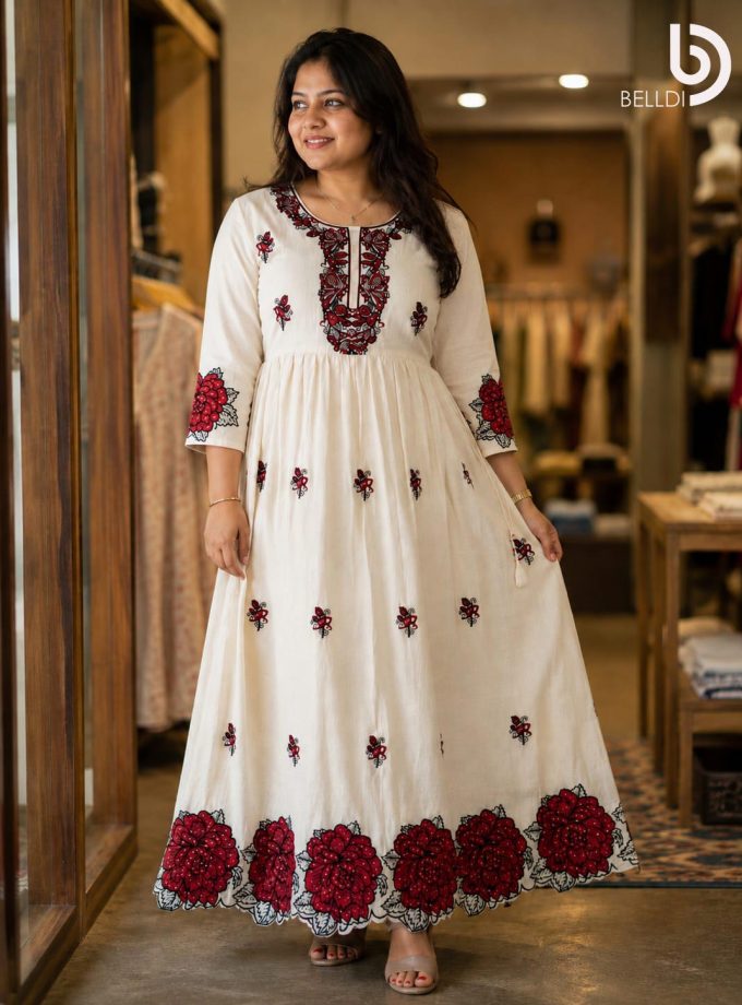WHITE RED FLORAL EMBROIDERED INDIAN FROCK