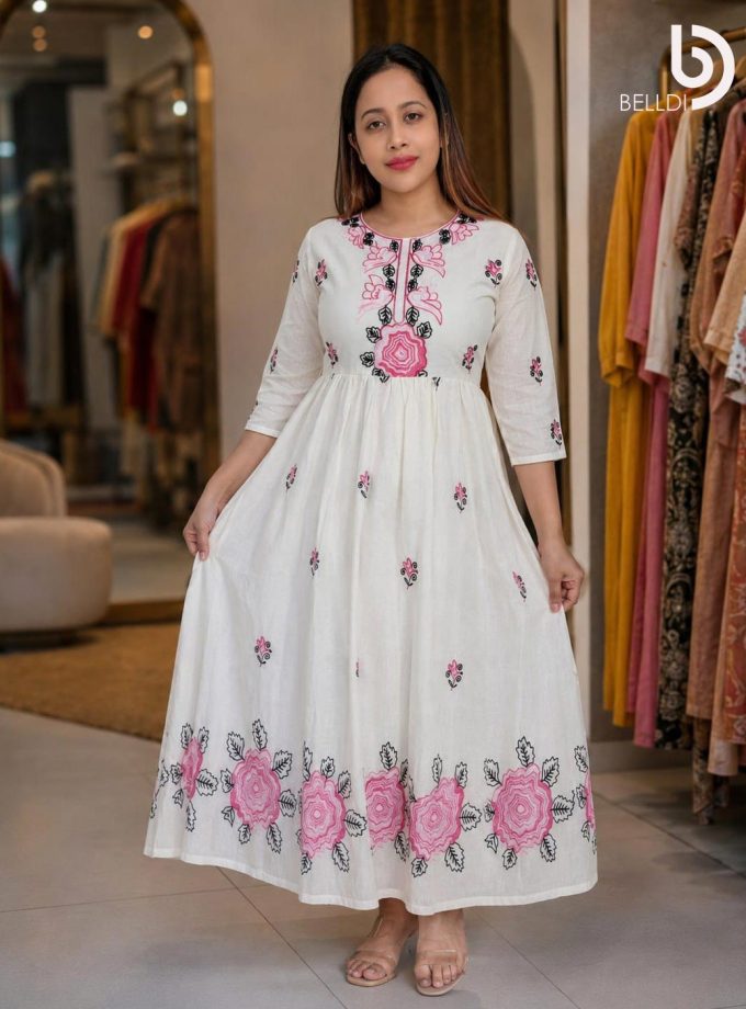 WHITE FLORAL EMBROIDERED INDIAN FROCK