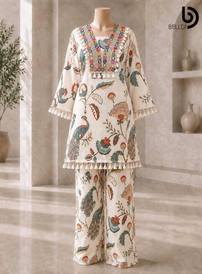 WHITE FLORAL PRINTED KURTA SET