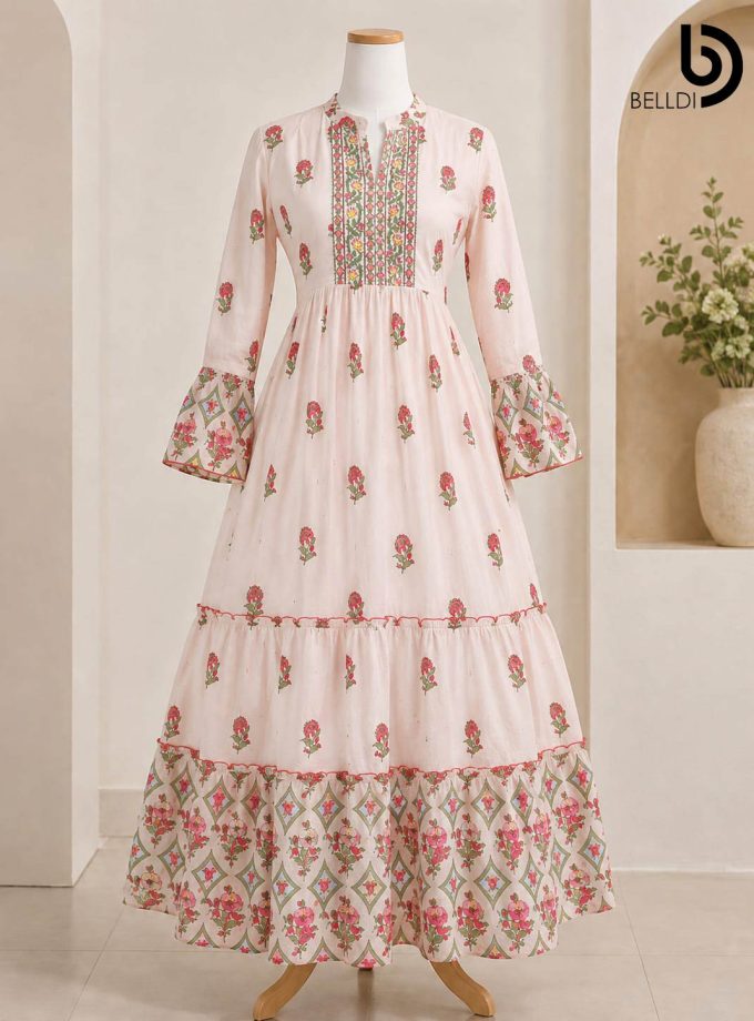 LIGHT PINK FLORAL TIERED INDIAN FROCK