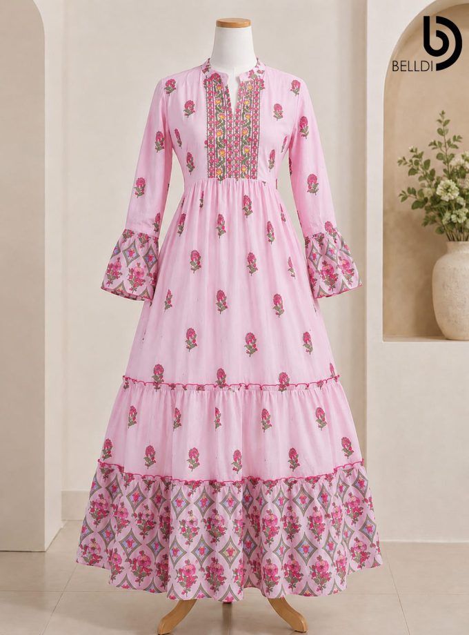 PINK FLORAL TIERED INDIAN FROCK