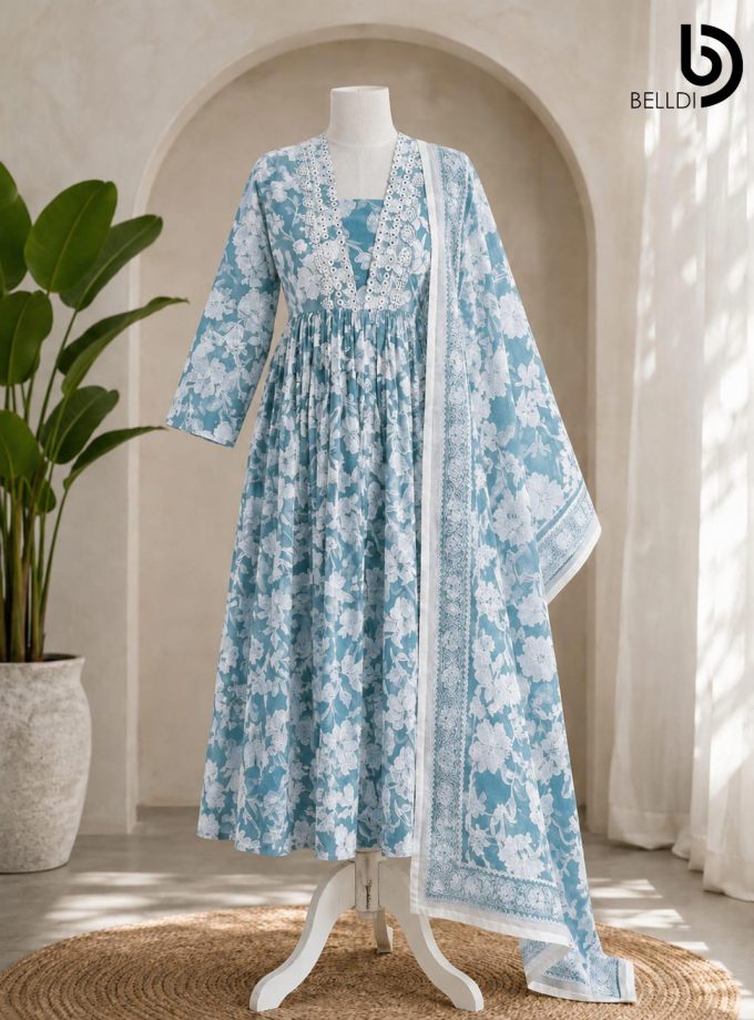 BLUE FLORAL MAXI DRESS & SHAWL SET