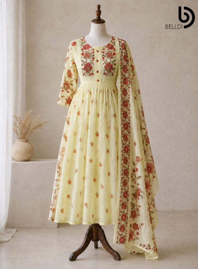 Gulnaar Floral Long Dress with Shawl