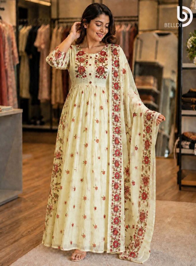 Gulnaar Floral Long Dress with Shawl