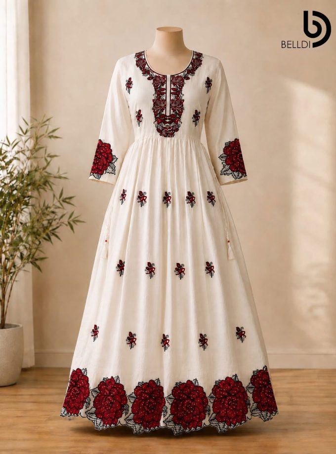 WHITE RED FLORAL EMBROIDERED INDIAN FROCK