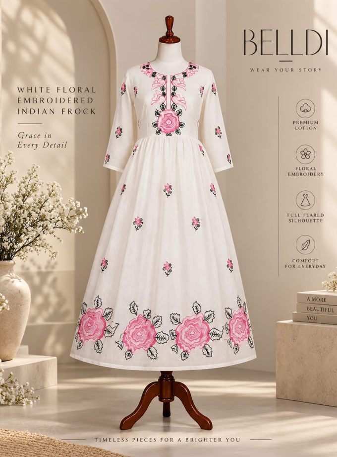 WHITE FLORAL EMBROIDERED INDIAN FROCK