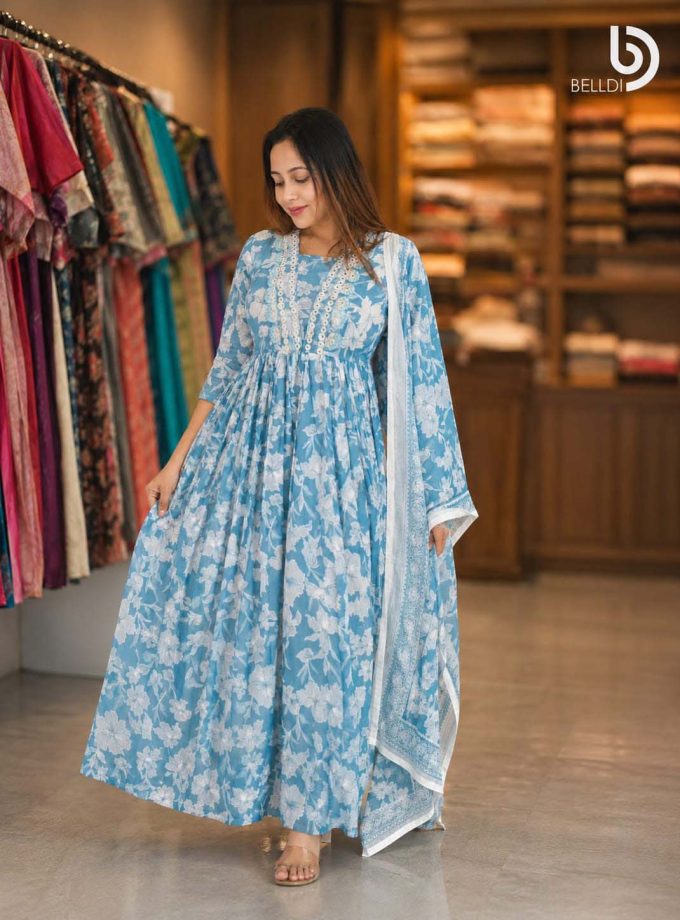 BLUE FLORAL INDIAN LONG DRESS & SHAWL SET