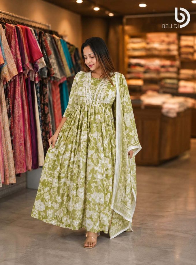 PISTACHIO FLORAL INDIAN LONG DRESS & SHAWL SET