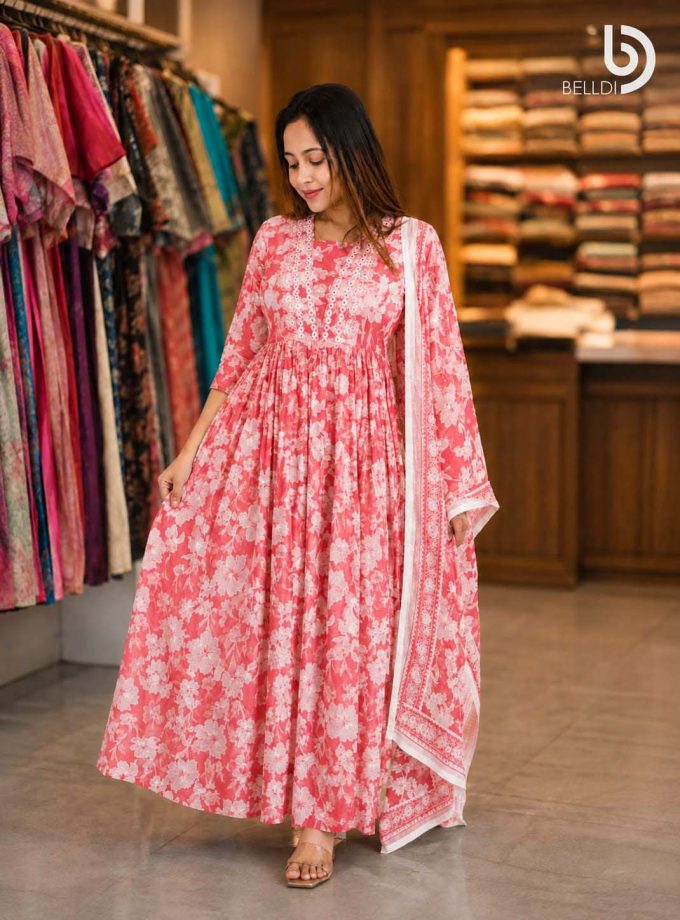 RED FLORAL INDIAN LONG DRESS & SHAWL SET