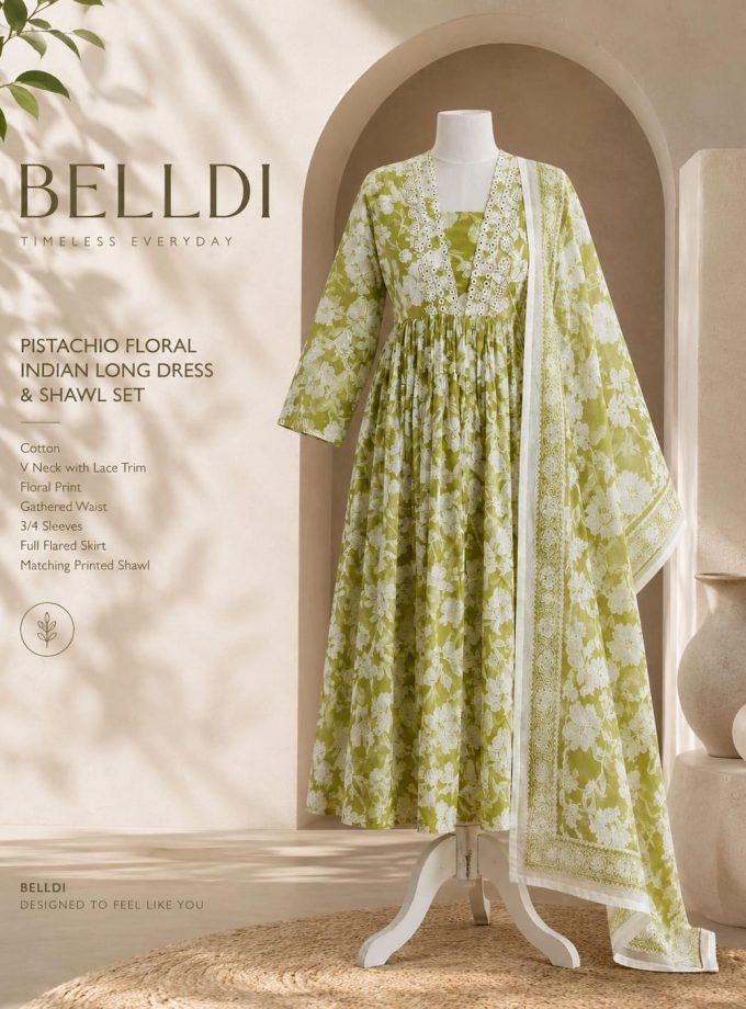 PISTACHIO FLORAL INDIAN LONG DRESS & SHAWL SET