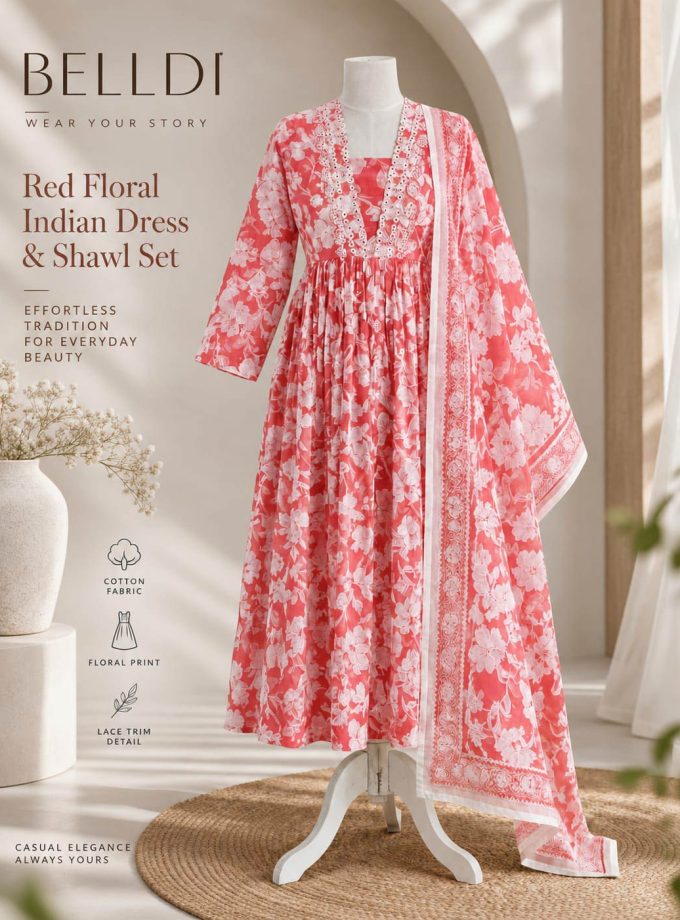 RED FLORAL INDIAN LONG DRESS & SHAWL SET