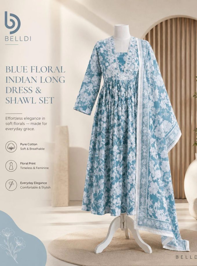BLUE FLORAL INDIAN LONG DRESS & SHAWL SET