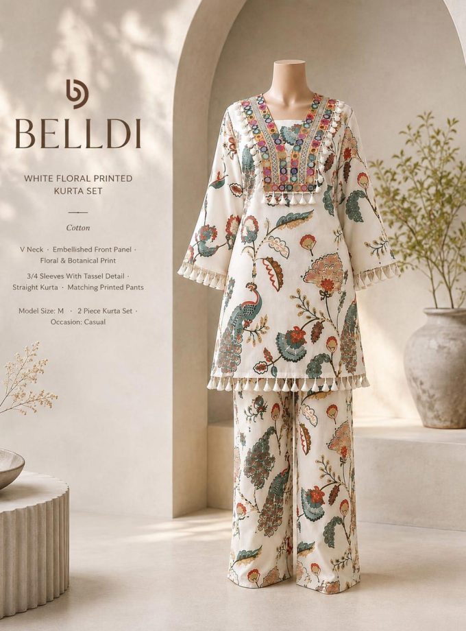 WHITE FLORAL PRINTED KURTA SET