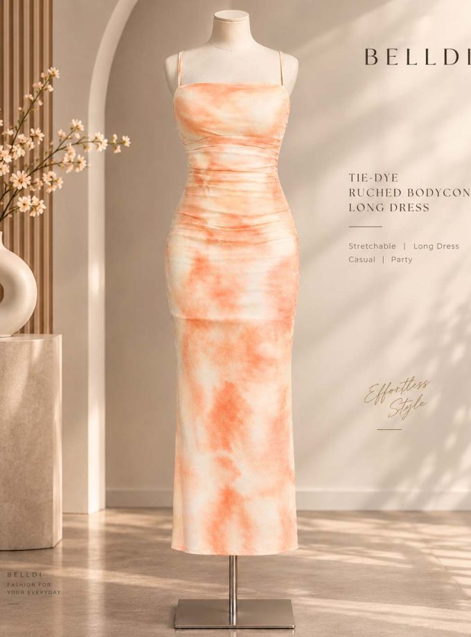 TIE-DYE RUCHED BODYCON LONG DRESS