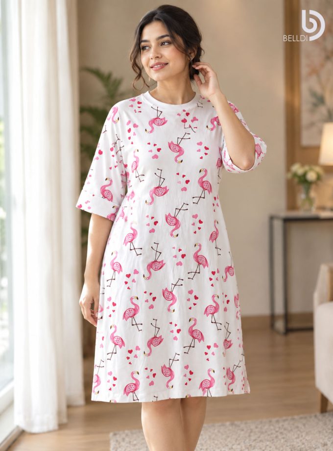 FLAMINGO PRINT HALF SLEEVE NIGHT DRESS