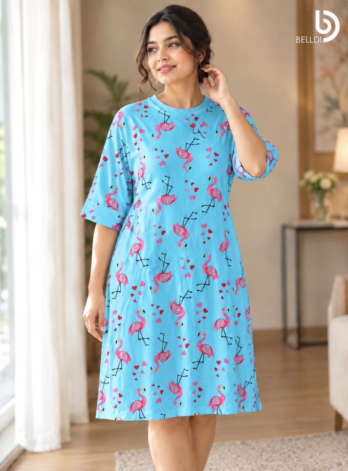 FLAMINGO PRINT HALF SLEEVE NIGHT DRESS