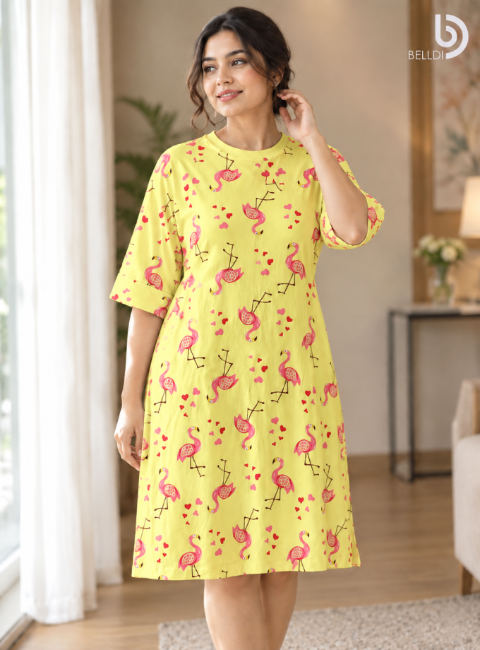 FLAMINGO PRINT HALF SLEEVE NIGHT DRESS