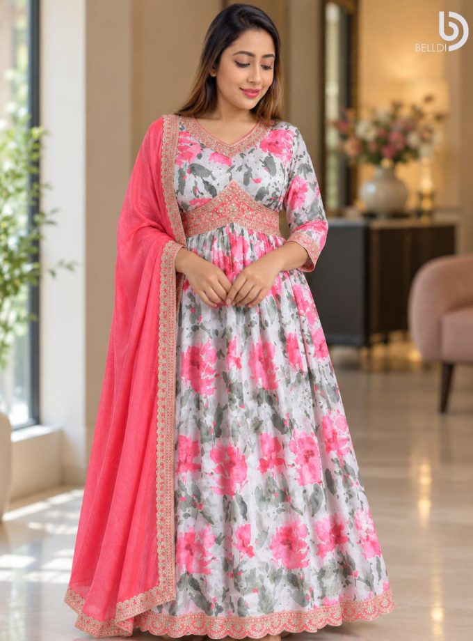 PINK FLORAL EMBROIDERED INDIAN LONG DRESS WITH SHAWL