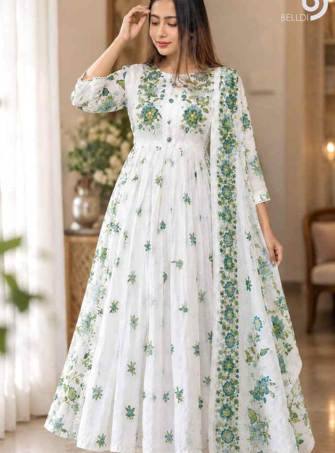 GULNAAR FLORAL INDIAN LONG DRESS WITH SHAWL