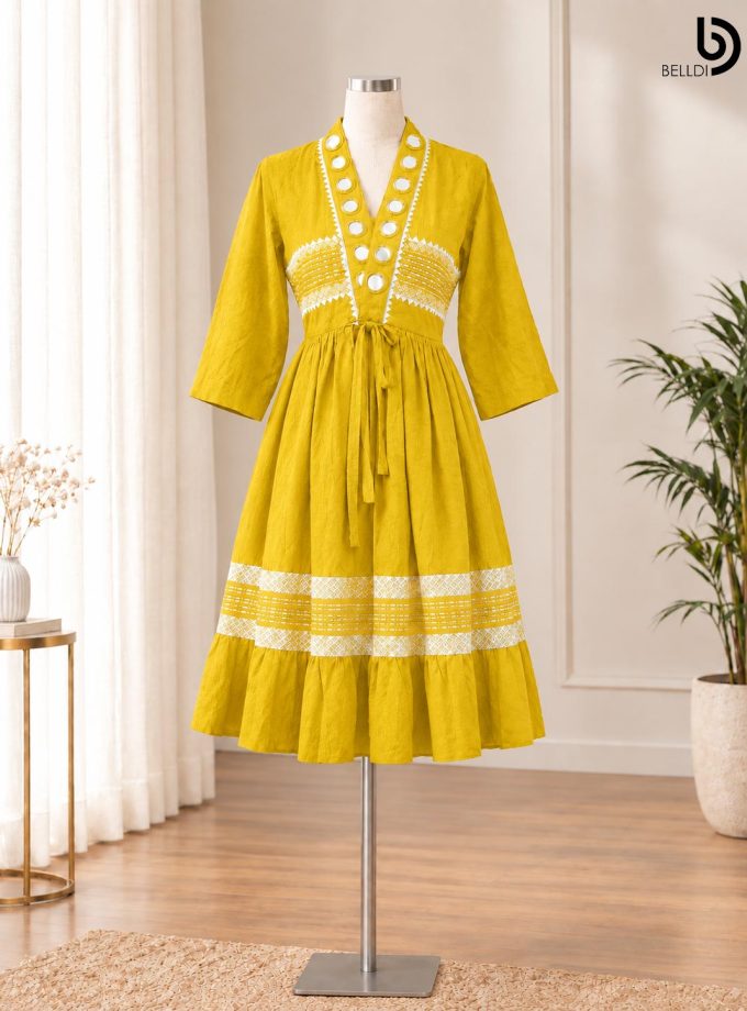 YELLOW & WHITE PRINTED SHORT FROCK