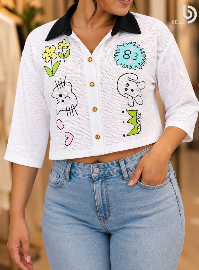 PRINTED COLLARED MESH TOP