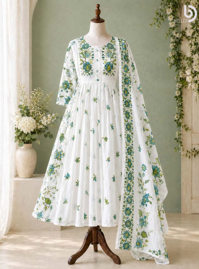 GULNAAR FLORAL INDIAN LONG DRESS WITH SHAWL