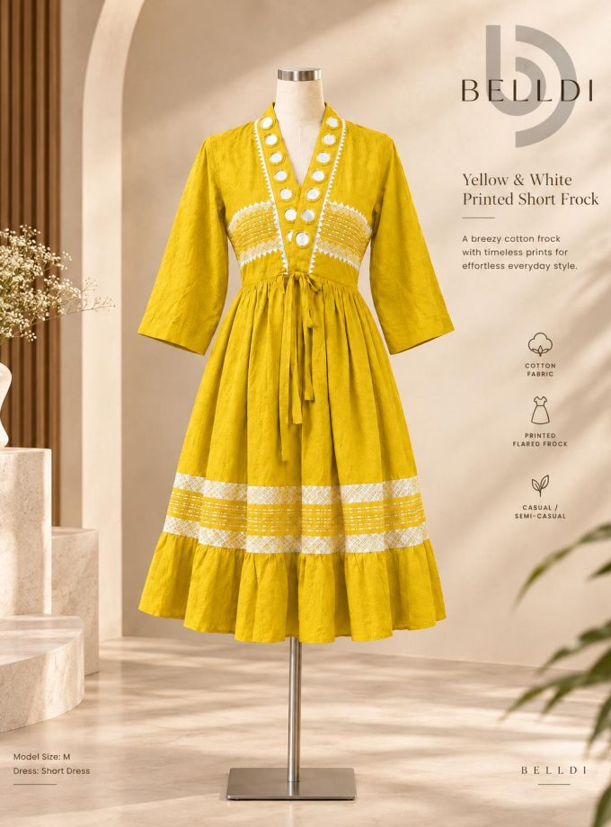 YELLOW & WHITE PRINTED SHORT FROCK