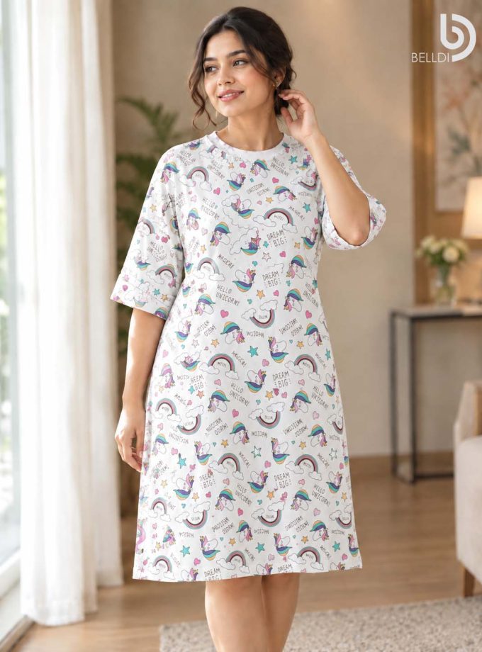 UNICORN PRINT HALF SLEEVE NIGHT DRESS