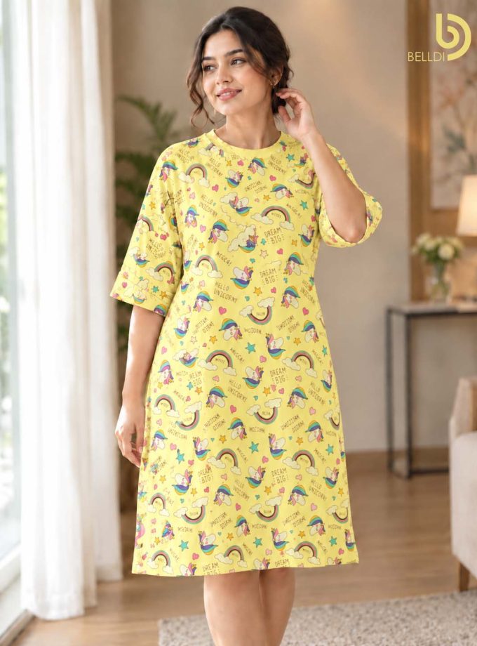 UNICORN PRINT HALF SLEEVE NIGHT DRESS