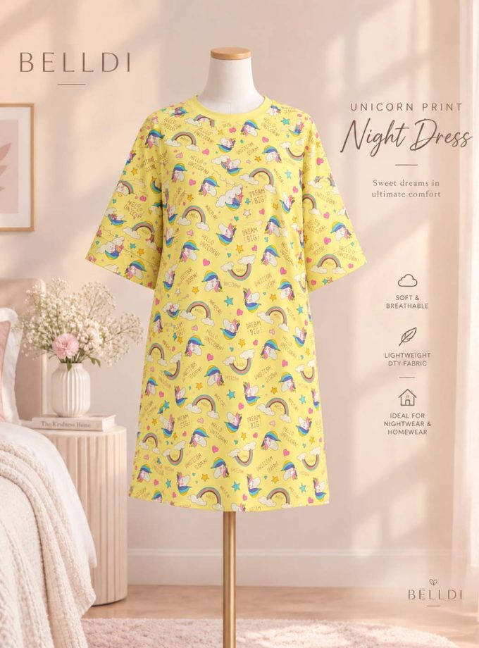 UNICORN PRINT HALF SLEEVE NIGHT DRESS