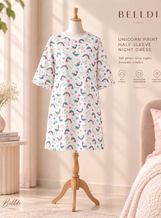 UNICORN PRINT HALF SLEEVE NIGHT DRESS