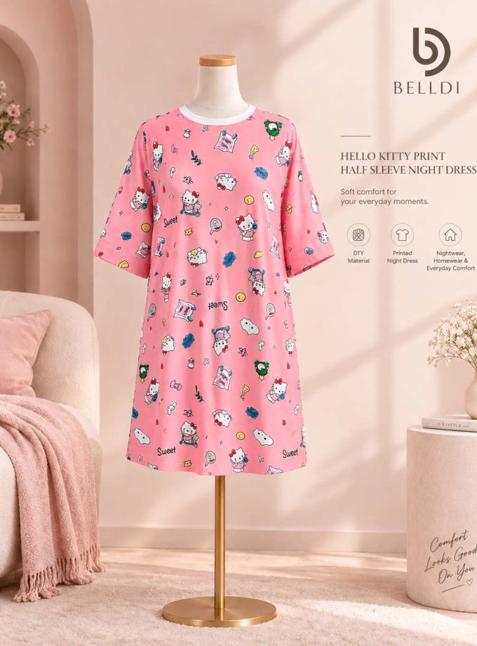 HELLO KITTY PRINT HALF SLEEVE NIGHT DRESS