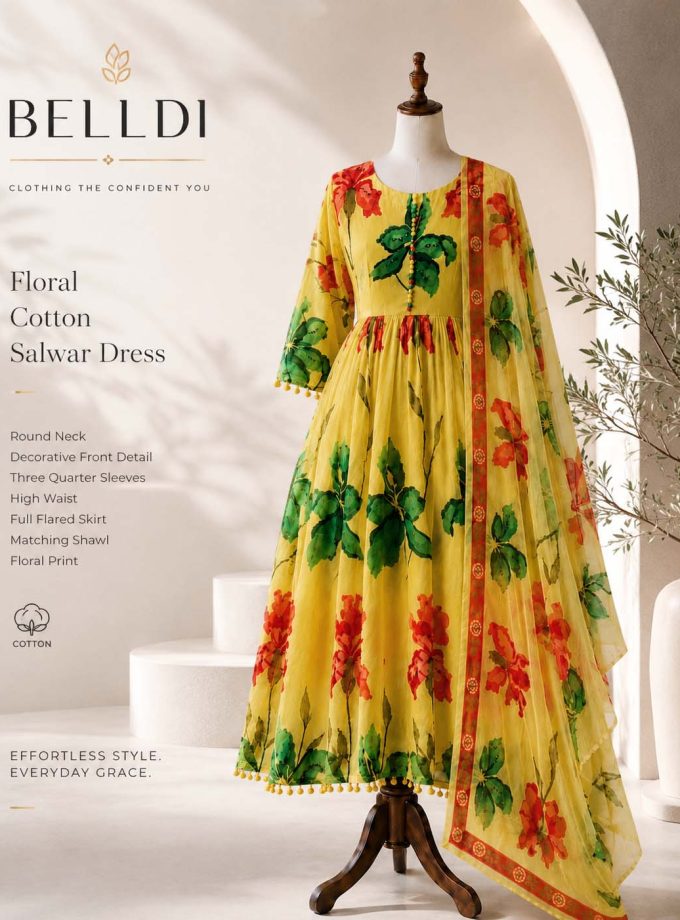 YELLOW FLORAL INDIAN LONG DRESS WITH SHAWL