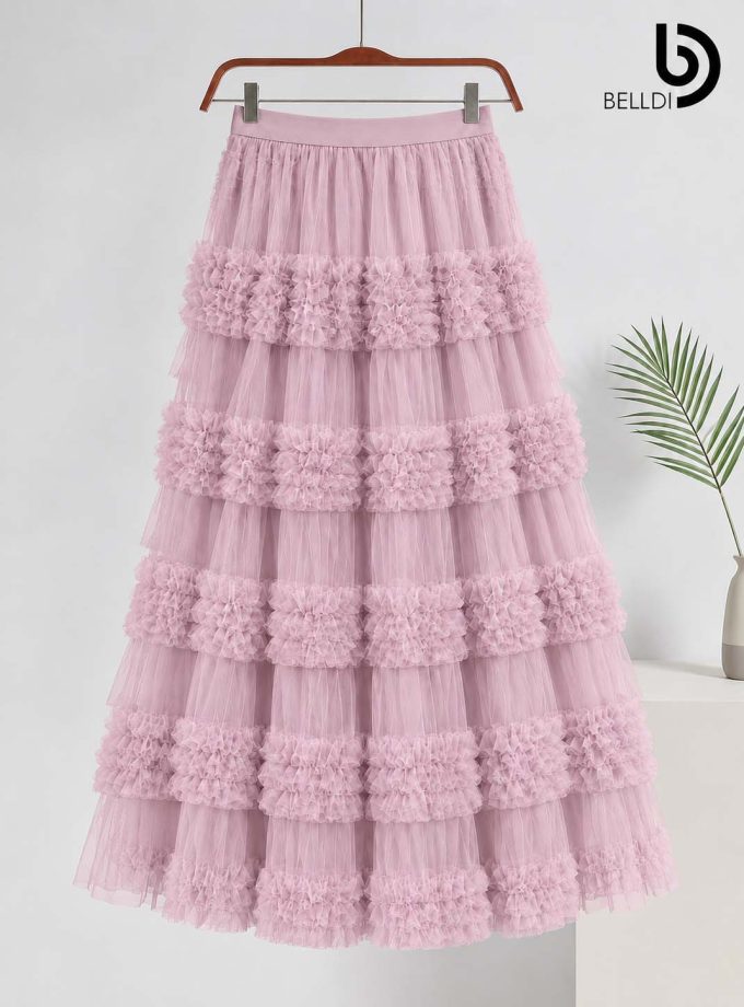 BLUSH PINK LAYERED RUFFLE MAXI SKIRT