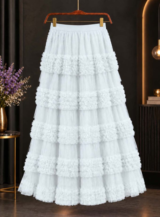 PEARL WHITE LAYERED RUFFLE MAXI SKIRT