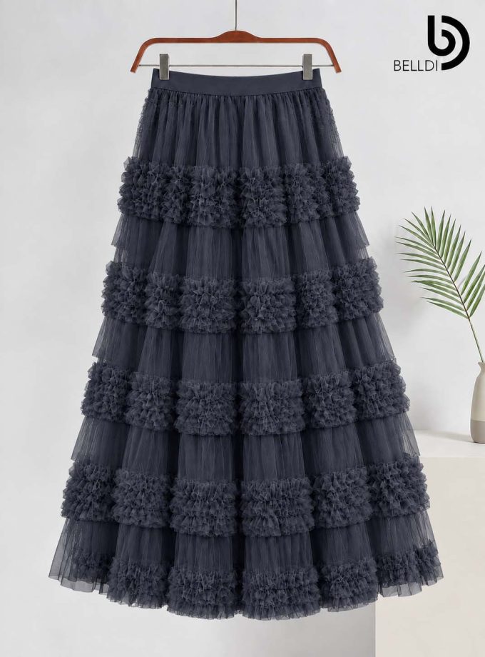 JET BLACK LAYERED RUFFLE MAXI SKIRT