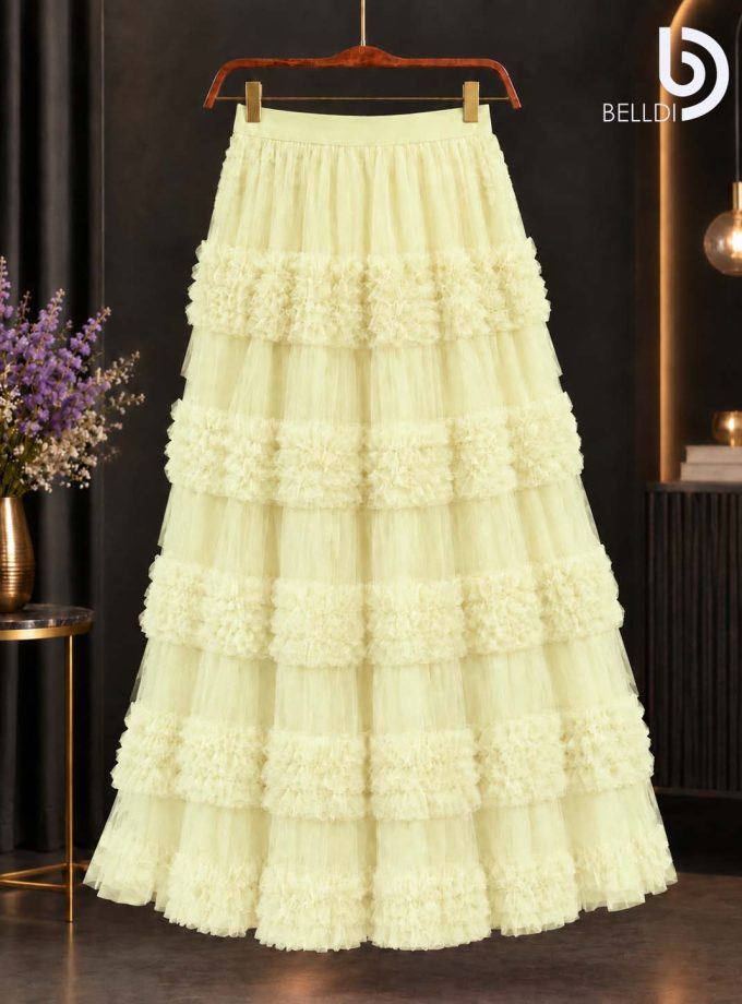 BUTTER YELLOW LAYERED RUFFLE MAXI SKIRT