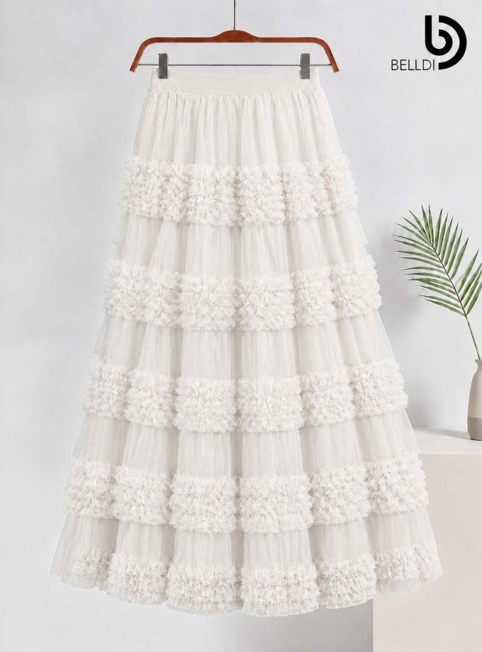 IVORY LAYERED RUFFLE MAXI SKIRT