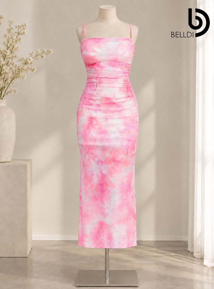 TIE-DYE RUCHED BODYCON LONG DRESS