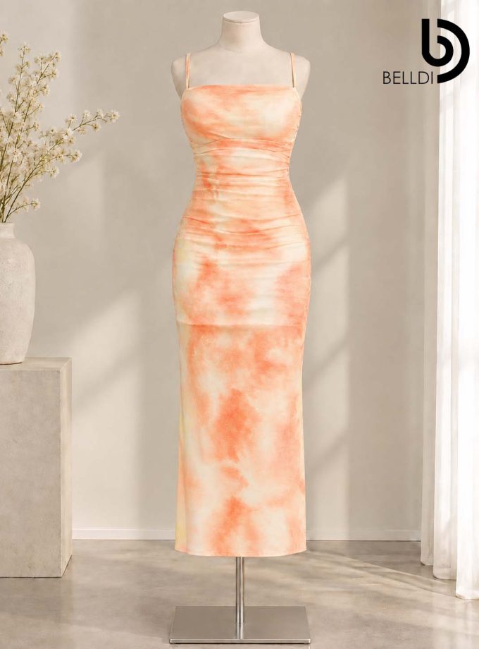 TIE-DYE RUCHED BODYCON LONG DRESS
