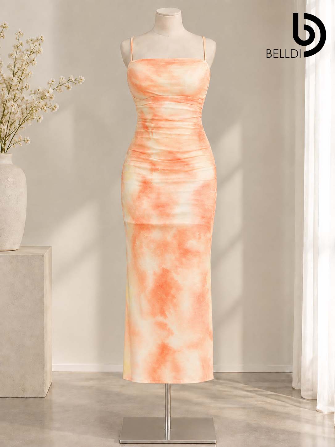 TIE-DYE RUCHED BODYCON LONG DRESS