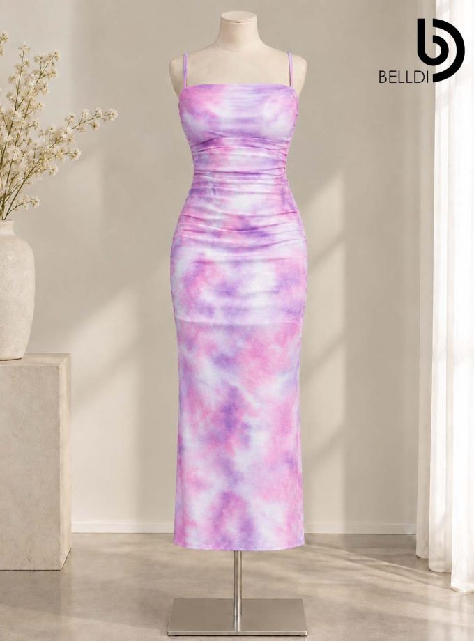 TIE-DYE RUCHED BODYCON LONG DRESS