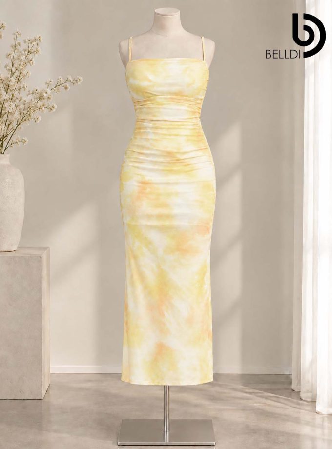 TIE-DYE RUCHED BODYCON LONG DRESS